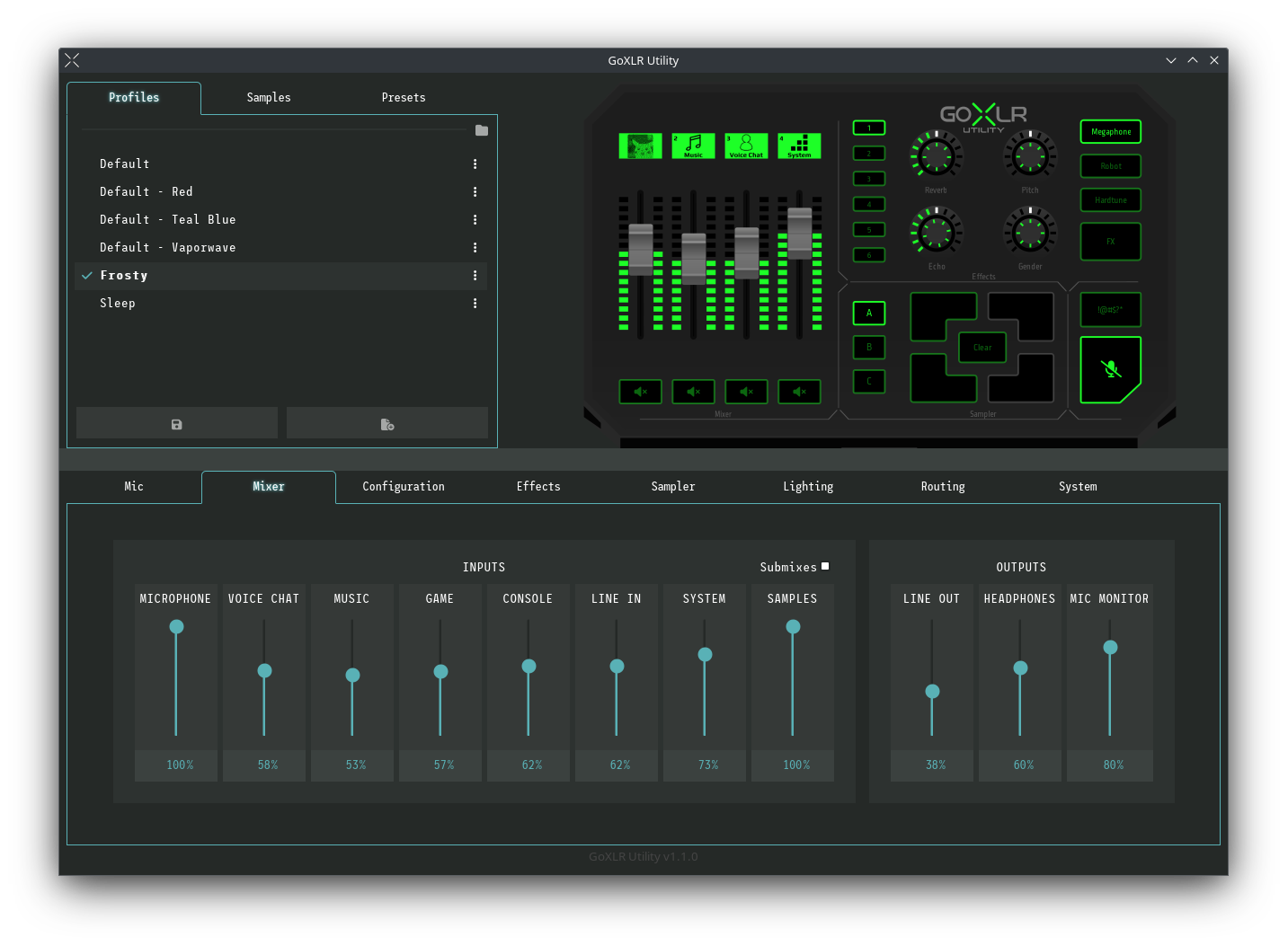 The GoXLR Utility window: profile list, a rendering of the mixer, and the Mixer tab showing input and output level sliders.